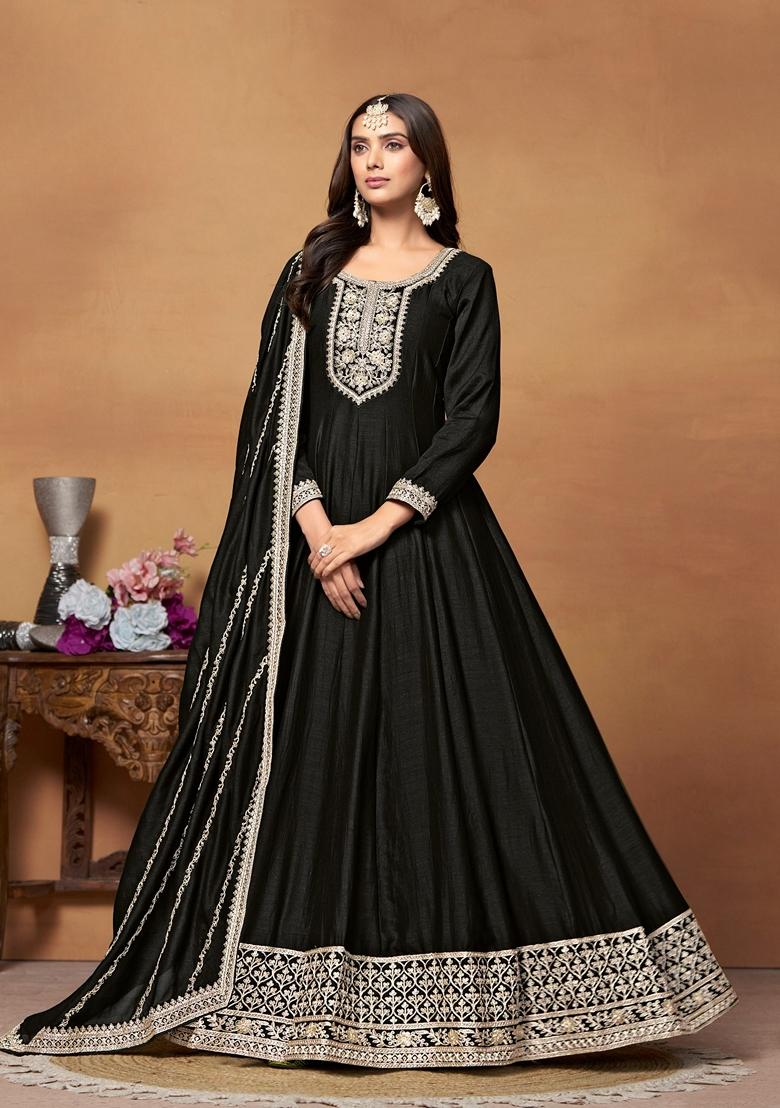 Black Embroidered Pure Art Silk Anarkali Kurta Set