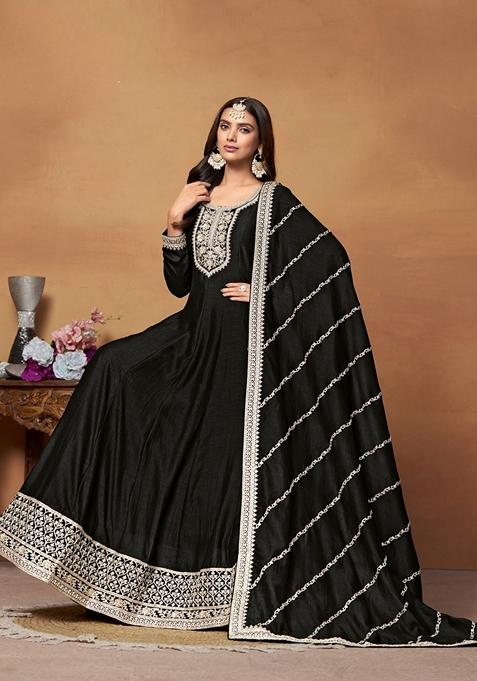 Black Embroidered Pure Art Silk Anarkali Kurta Set