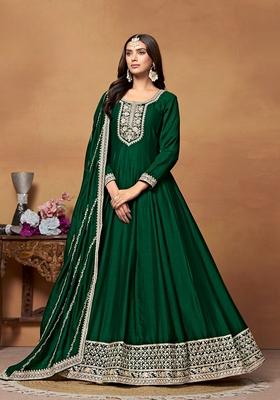 Green Embroidered Pure Art Silk Anarkali Kurta Set