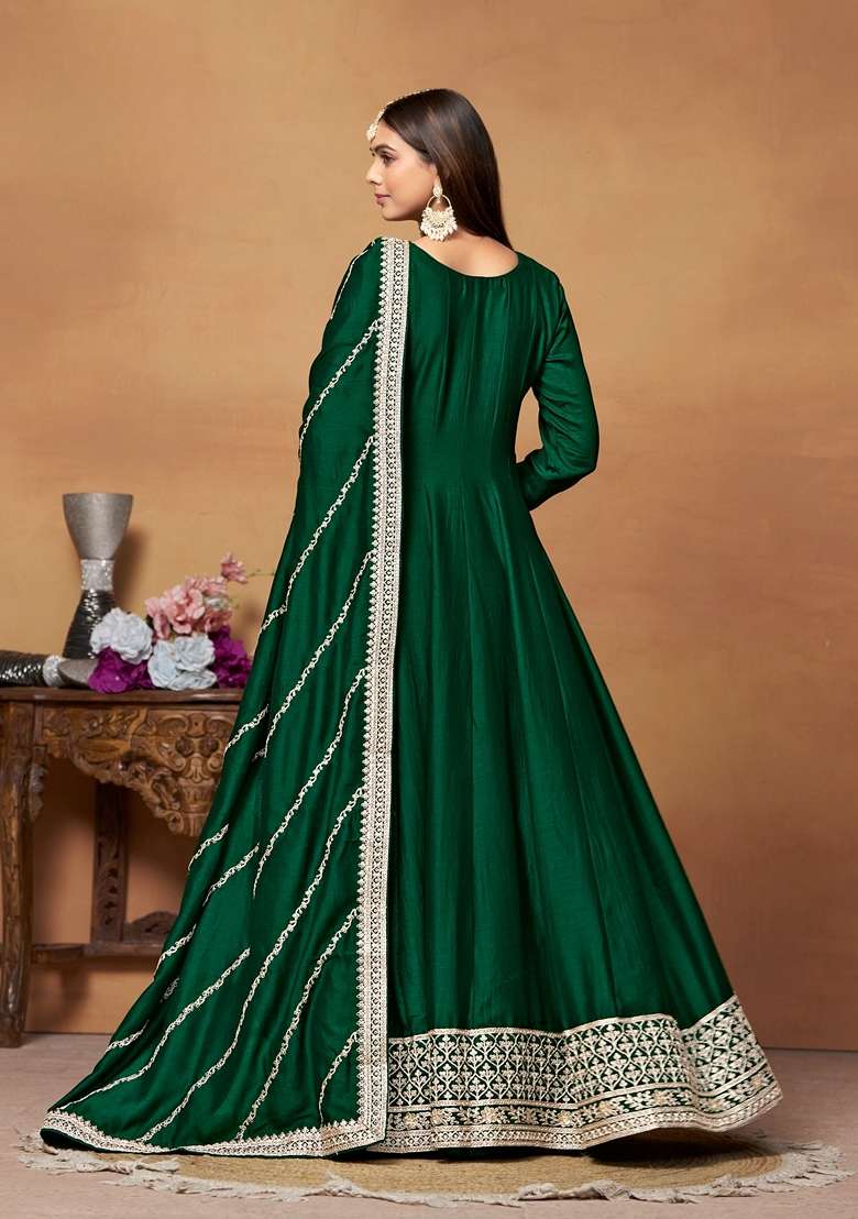 Green Embroidered Silk Blend Anarkali Set - Indya