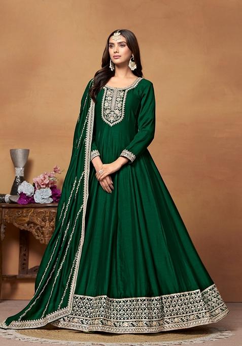 Green Embroidered Pure Art Silk Anarkali Kurta Set