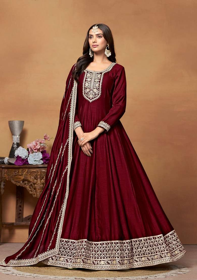Maroon Embroidered Silk Blend Anarkali Set - Indya