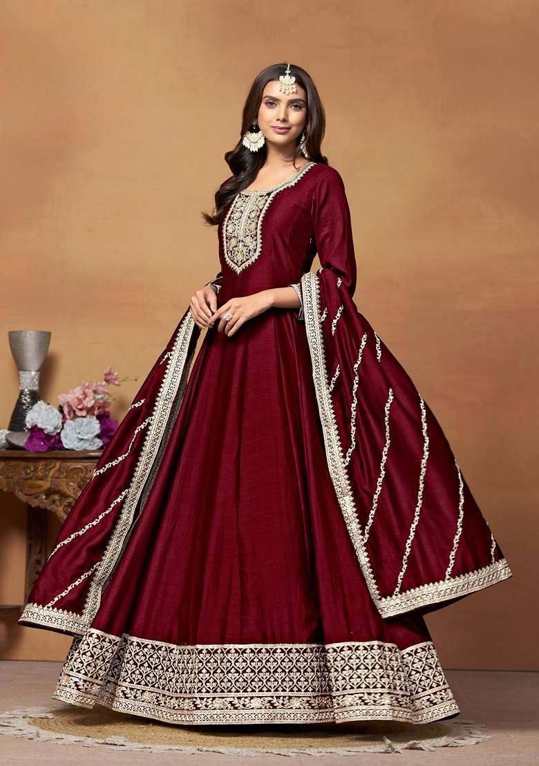 Maroon Embroidered Silk Blend Anarkali Set - Indya