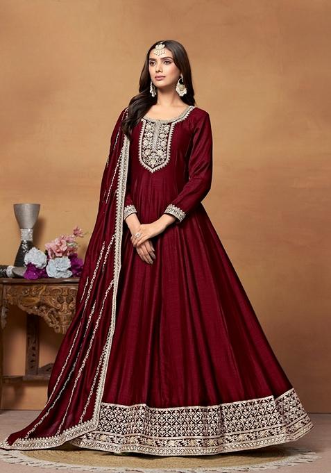 Maroon Embroidered Pure Art Silk Anarkali Kurta Set