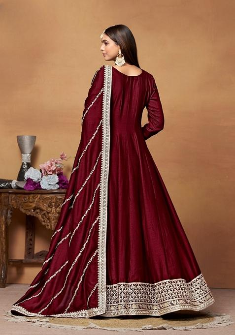 Women Maroon Silk Anarkali Embroidered kurta with pant & Dupatta
