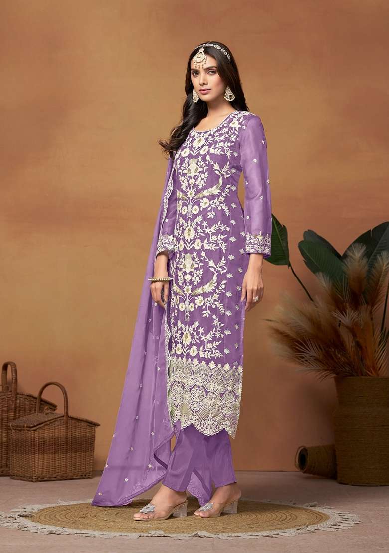 Lavender Embroidered Organza Pakistani Suit Set - Indya