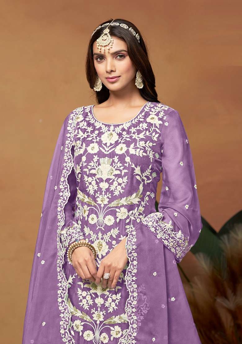 Lavender Embroidered Organza Pakistani Suit Set - Indya