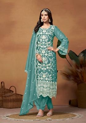 Sky Blue Embroidered Organza Kurta Set