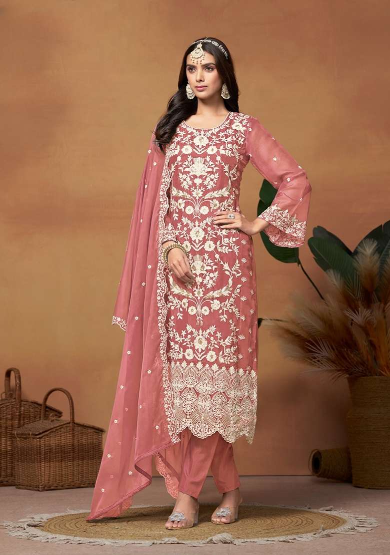Peach Embroidered Organza Pakistani Suit Set - Indya