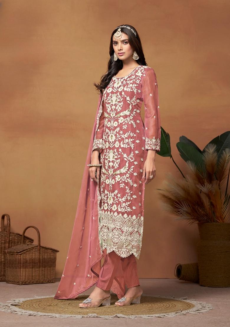 Peach Embroidered Organza Kurta Set