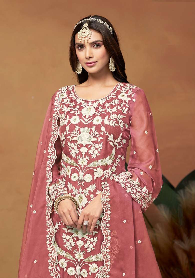 Peach Embroidered Organza Pakistani Suit Set - Indya