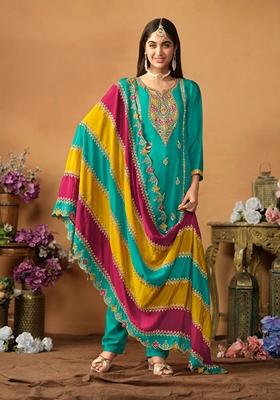 Blue Embroidered Pure Silk Kurta Set