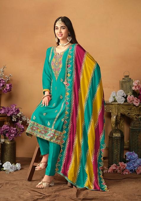 Blue Embroidered Pure Silk Kurta Set