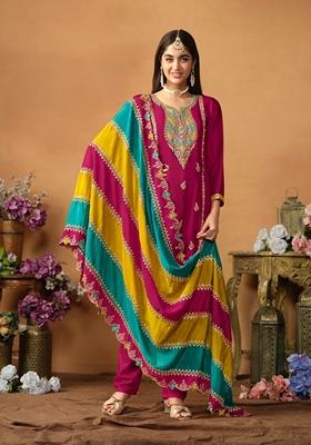 Wine Embroidered Pure Silk Kurta Set