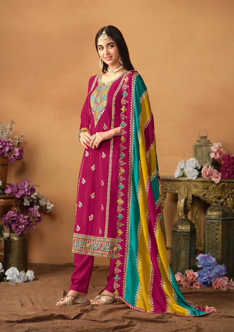 Wine Embroidered Pure Silk Kurta Set