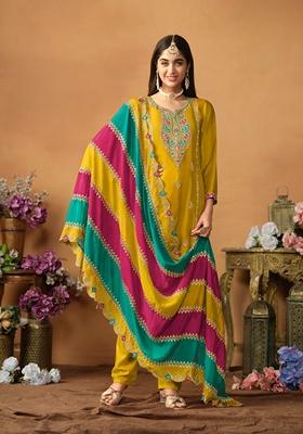 Mustard Embroidered Pure Silk Kurta Set