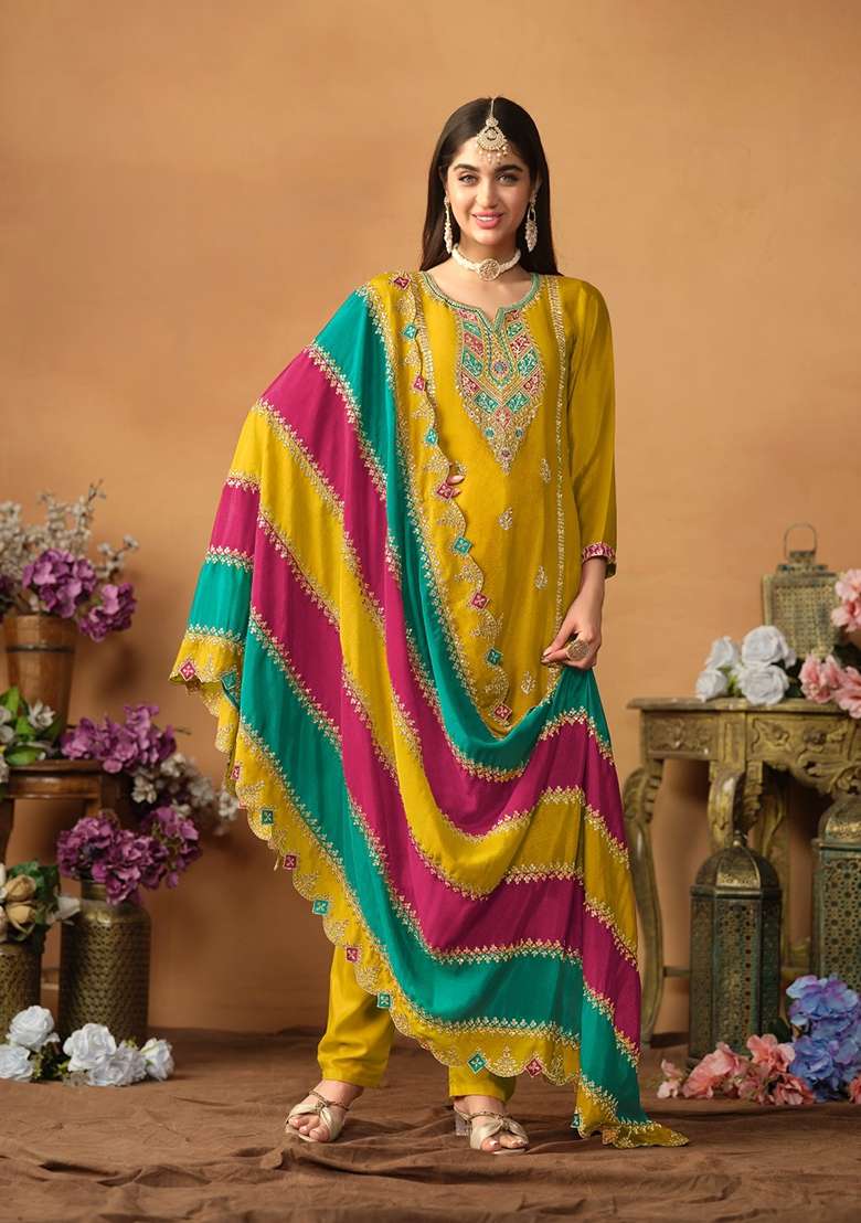 Mustard Embroidered Silk Blend Straight Kurta Set - Indya
