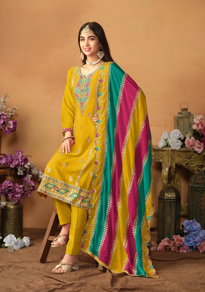 Mustard Embroidered Pure Silk Kurta Set