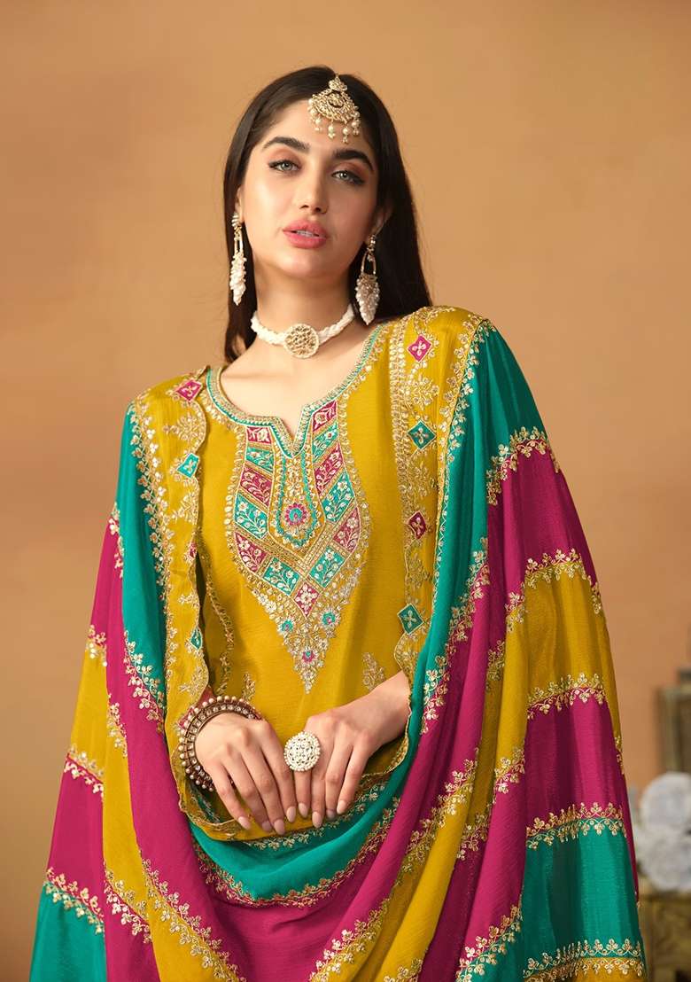 Mustard Embroidered Silk Blend Straight Kurta Set - Indya