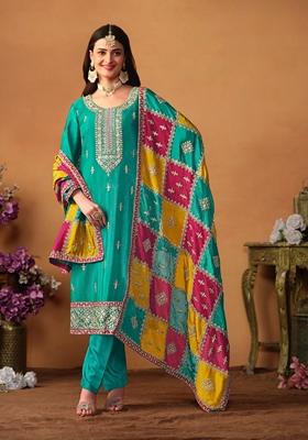Blue Embroidered Pure Silk Kurta Set