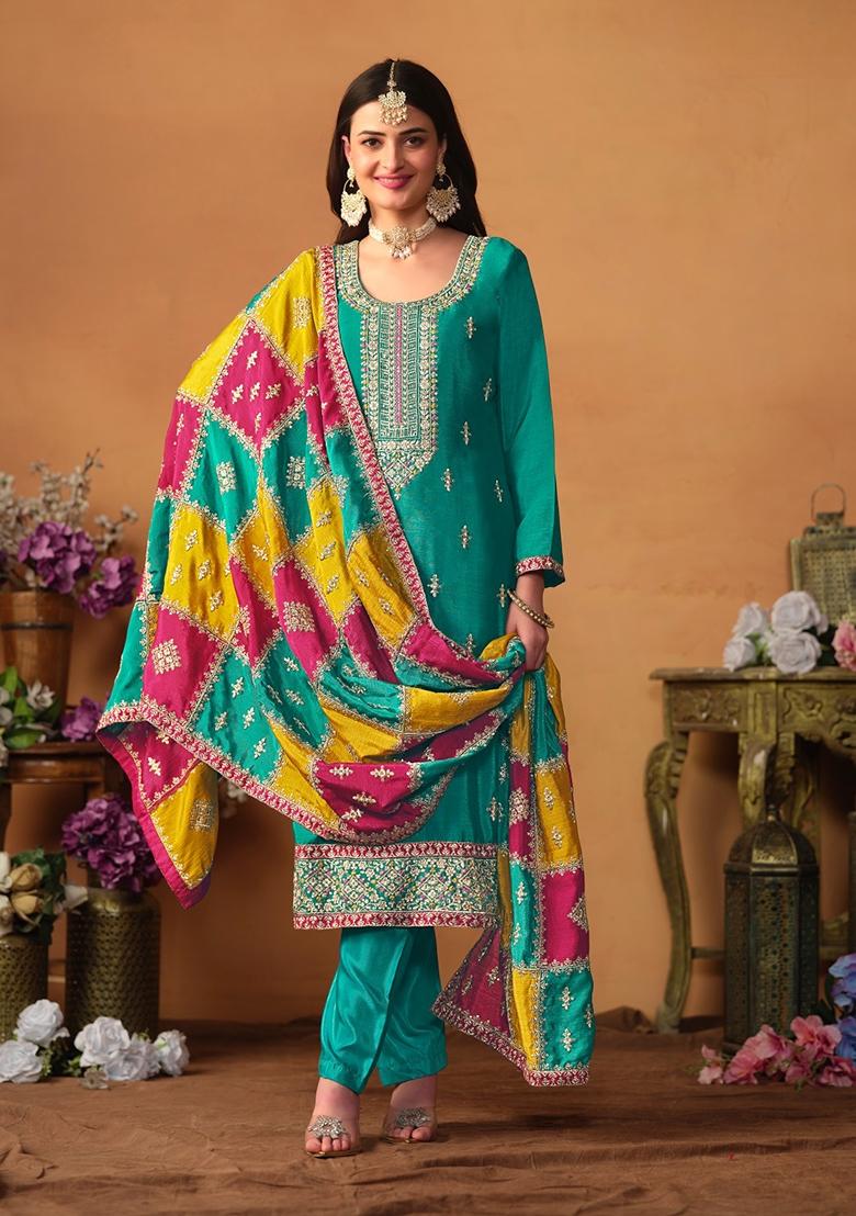 Blue Embroidered Pure Silk Kurta Set