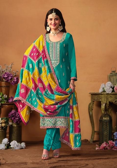 Blue Embroidered Pure Silk Kurta Set