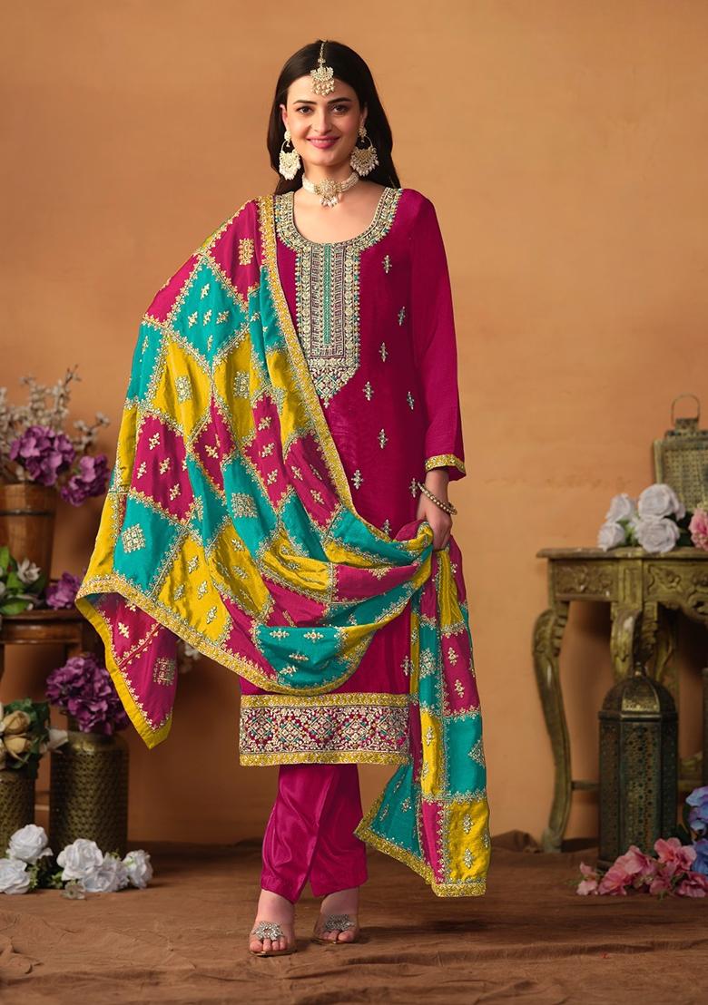 Wine Embroidered Pure Silk Kurta Set
