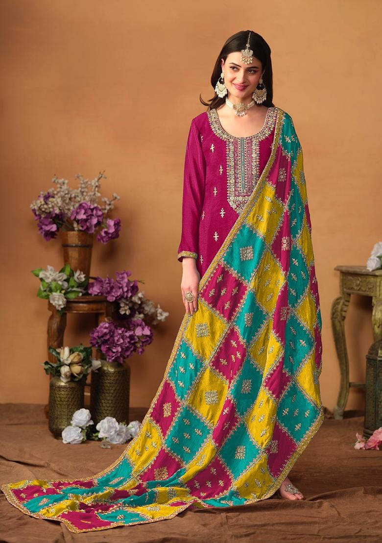 Wine Embroidered Pure Silk Kurta Set