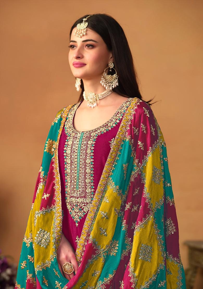 Wine Embroidered Pure Silk Kurta Set