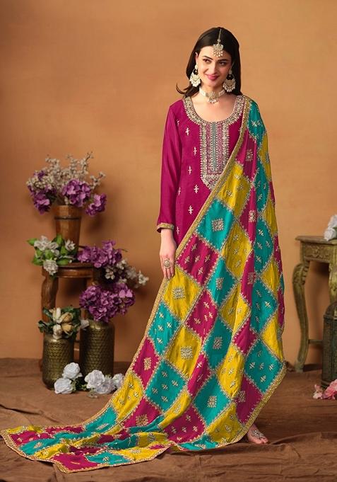 Wine Embroidered Pure Silk Kurta Set