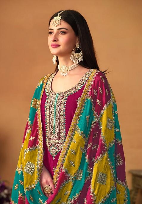 Wine Embroidered Pure Silk Kurta Set