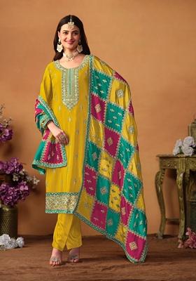 Mustard Embroidered Pure Silk Kurta Set