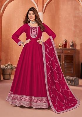 Pink Embroidered Pure Art Silk Anarkali Kurta Set