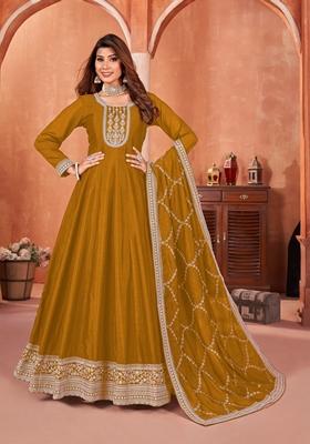Mustard Embroidered Pure Art Silk Anarkali Kurta Set
