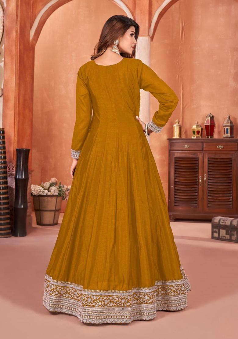 Mustard Embroidered Pure Art Silk Anarkali Kurta Set