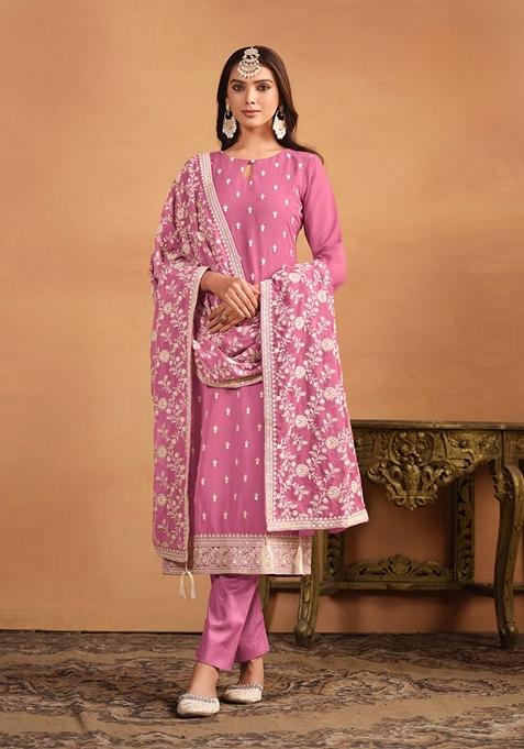 Pink Embroidered Faux Georgette Kurta Set