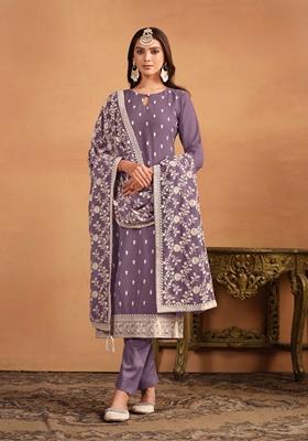 Lavender Embroidered Faux Georgette Kurta Set