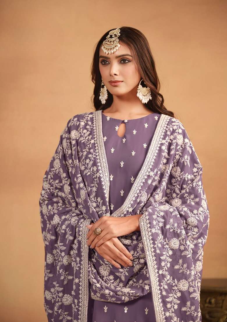 Lavender Embroidered Faux Blooming Straight Kurta Set - Indya