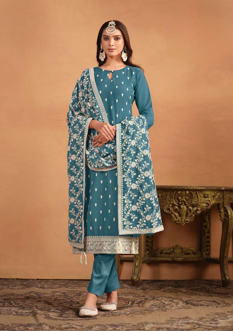 Teal Embroidered Faux Blooming Straight Kurta Set - Indya