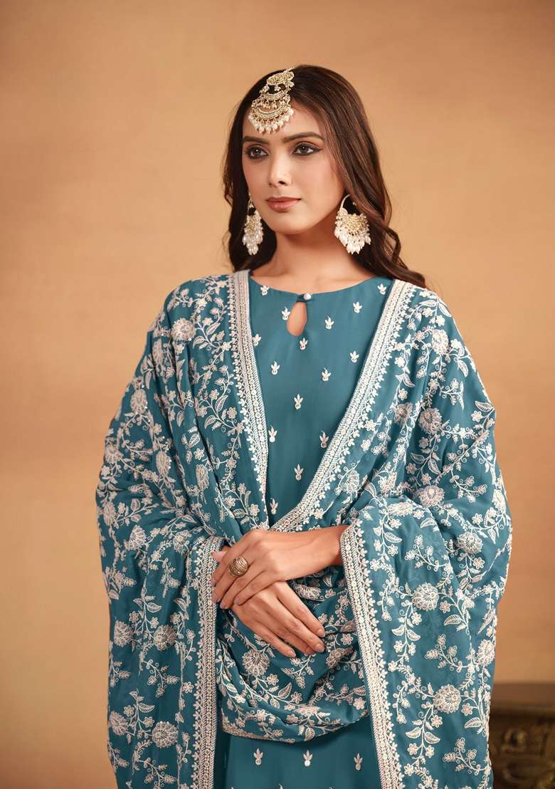 Teal Embroidered Faux Blooming Straight Kurta Set - Indya