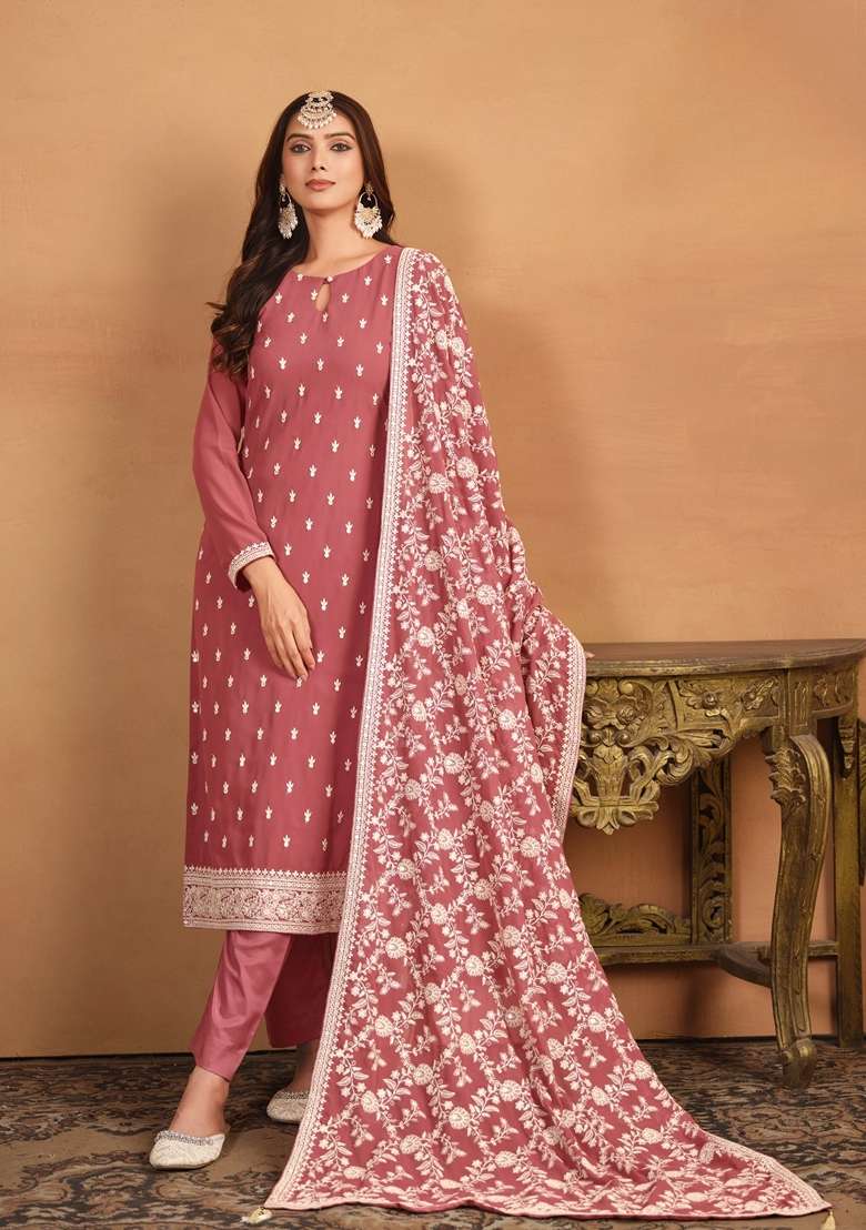 Brown Embroidered Faux Blooming Pakistani Suit Set - Indya