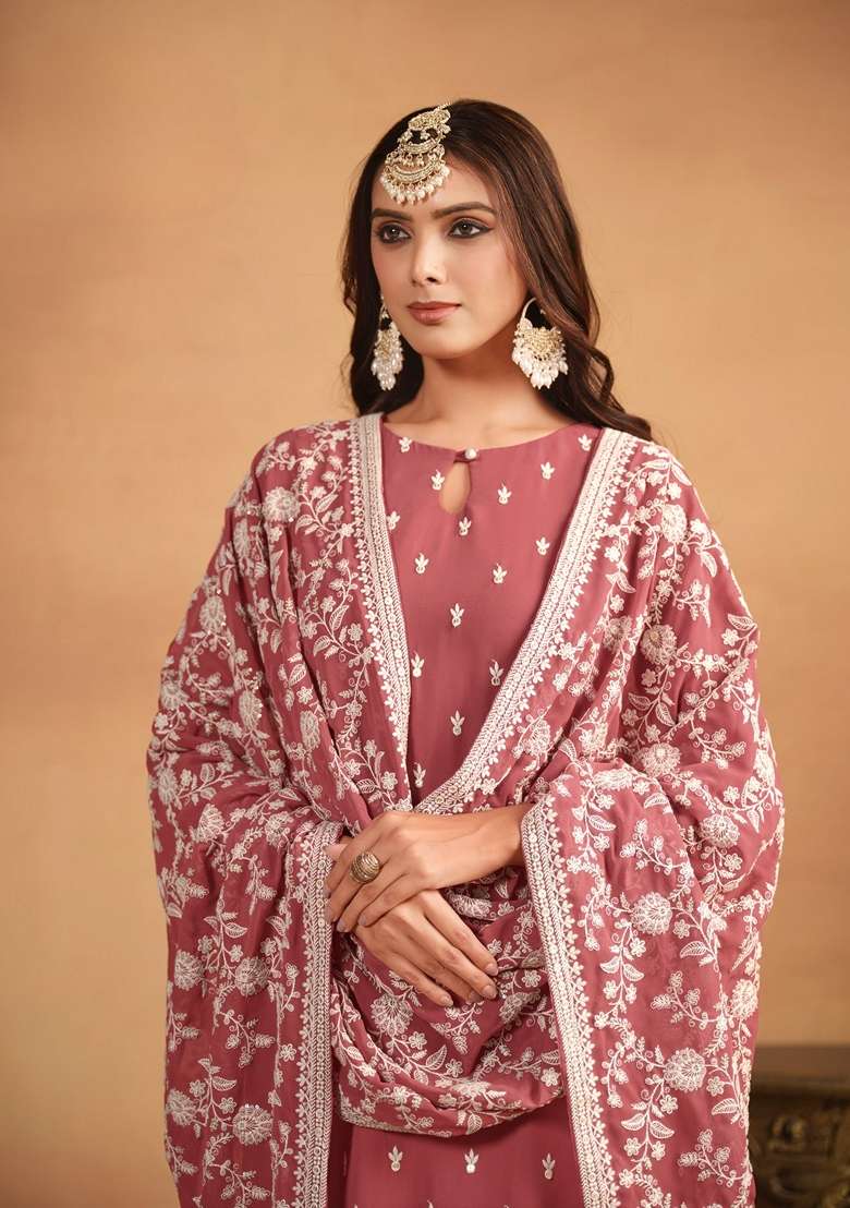 Brown Embroidered Faux Blooming Pakistani Suit Set - Indya