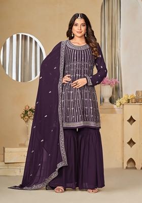 Wine Embroidered Faux Georgette Kurta Set
