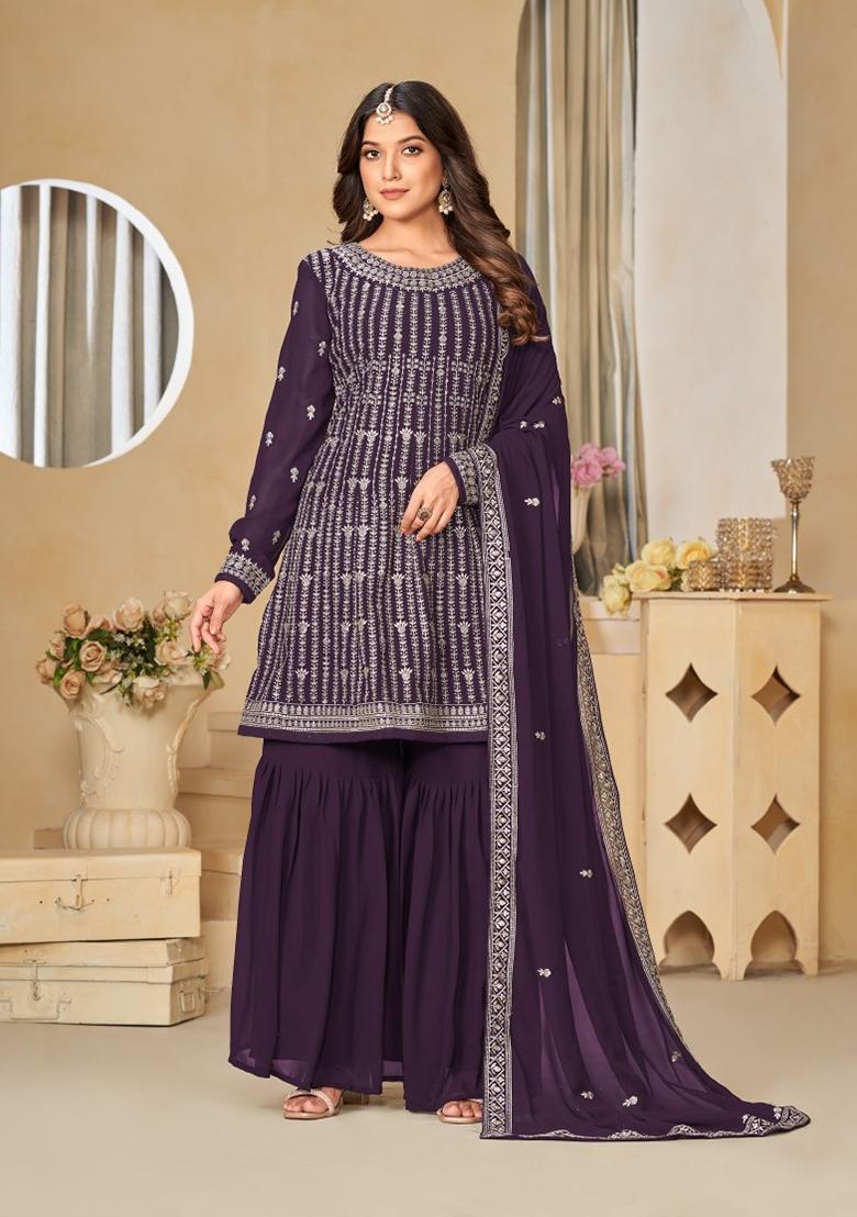Wine Embroidered Faux Georgette Kurta Set