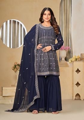Navy Blue Embroidered Faux Georgette Kurta Set