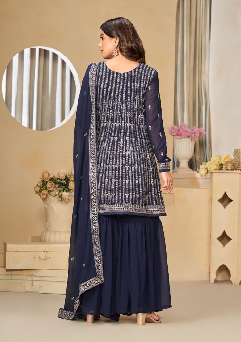 Navy Blue Embroidered Faux Georgette Kurta Set