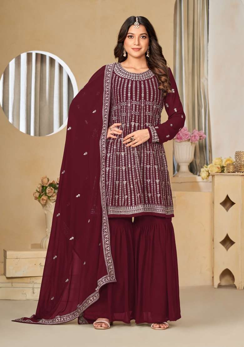 Maroon Embroidered Faux Georgette Kurta Set - Indya