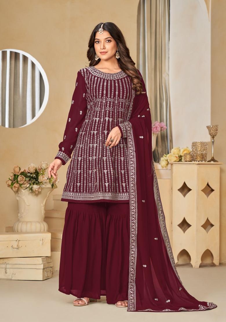 Maroon Embroidered Faux Georgette Kurta Set