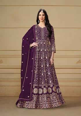 Purple Embroidered Faux Georgette Anarkali Kurta Set
