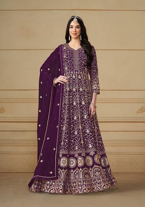 Purple Embroidered Faux Georgette Anarkali Kurta Set